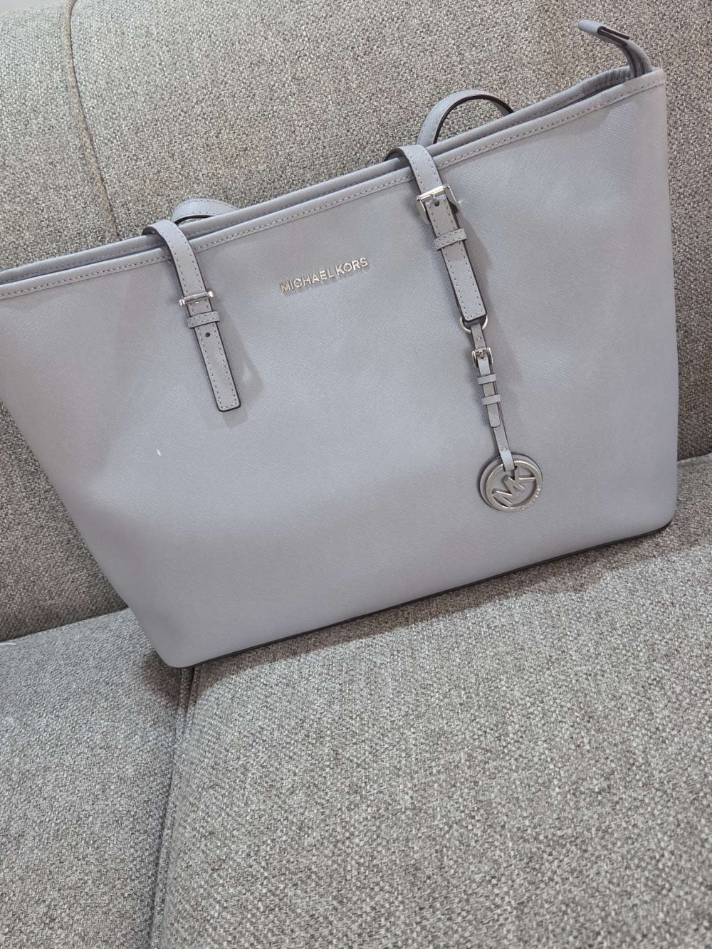 Michael Kors Light Grey Leather Tote with MK Charm
